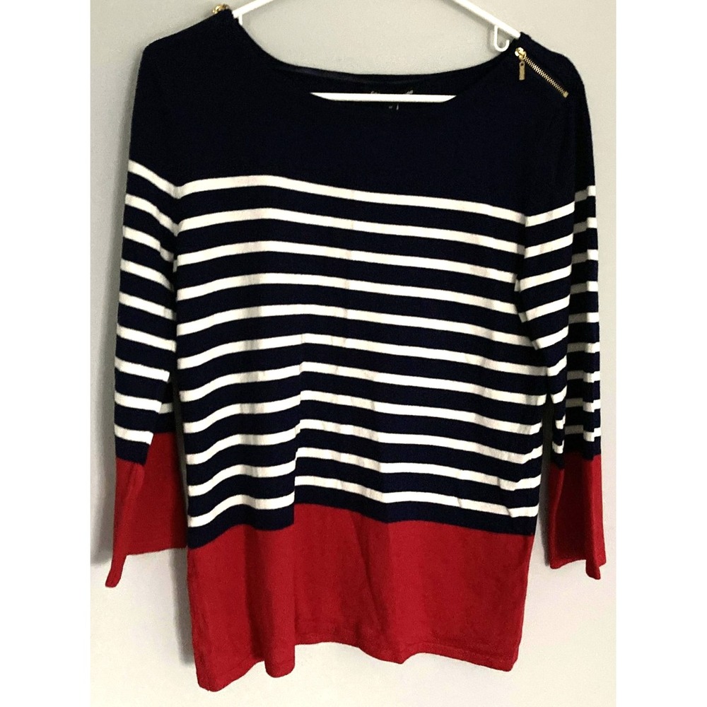 Cable & Gauge Sweater Women M Navy Stripe Boat Neck 3/4 Sleeve Zip Nautical NWT